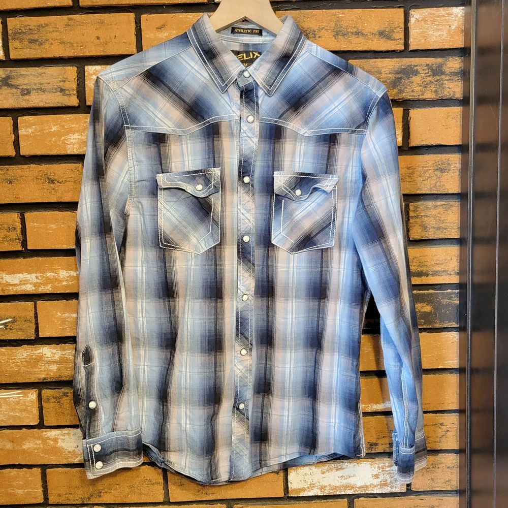 Helix Shirt Men's Medium Athletic Fit Western‎ Blue Plaid Pearl Snap